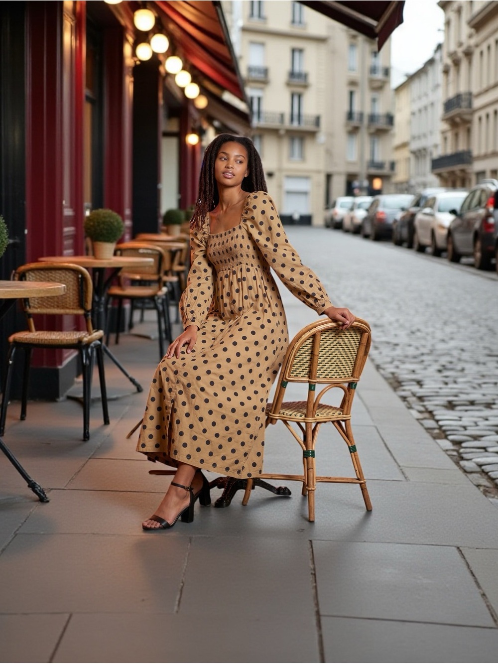 Faithfull‎ the Brand Beige Midi Dress with Black Polka Dots